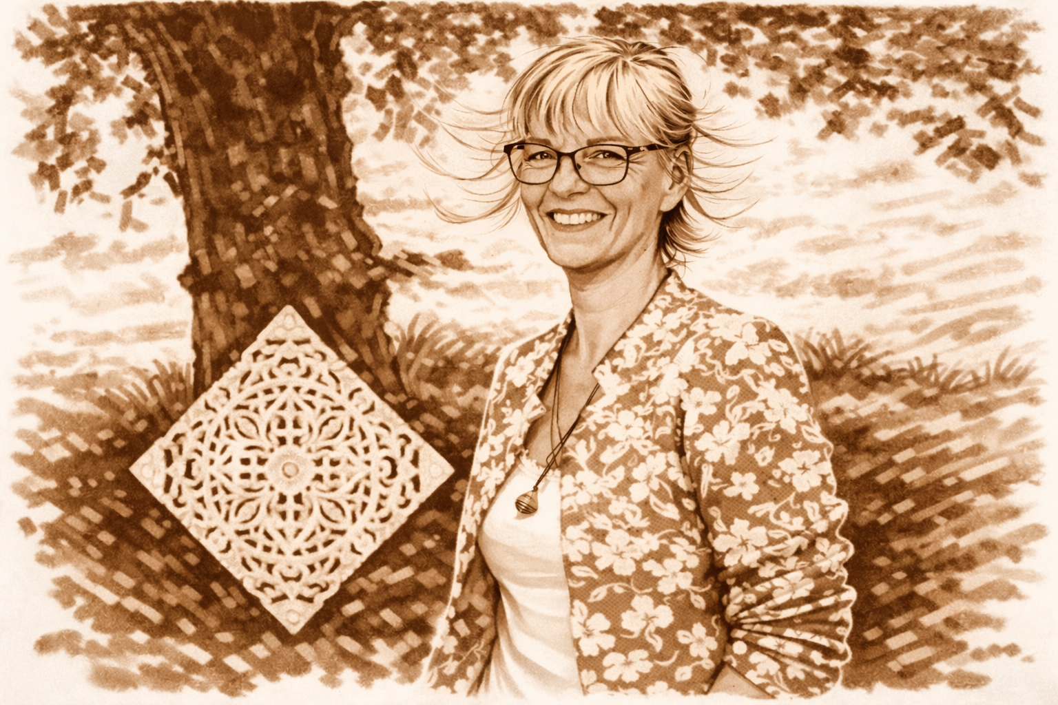 Lächelnde Frau mit Mandala im Wald